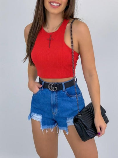 TOP CROPPED BLUSINHA FEMININA SIMPLES BASICO REGATA LISO